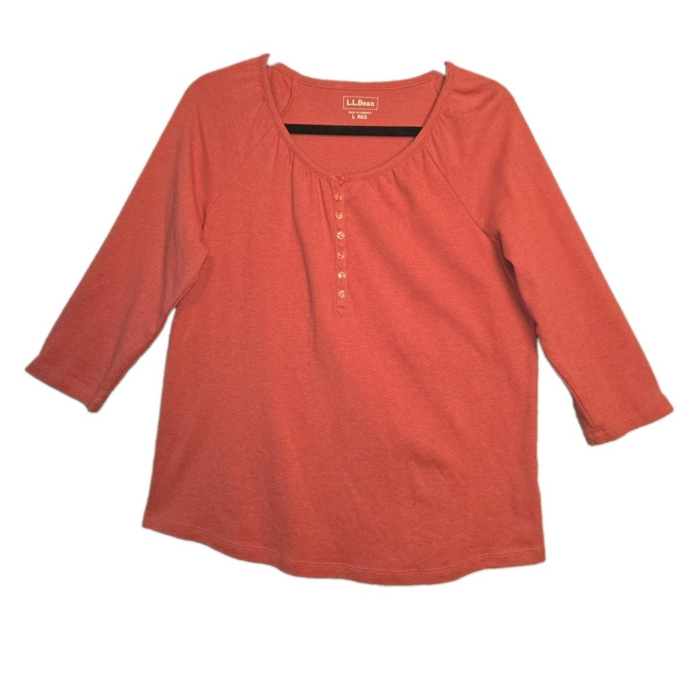 L.L. Bean Top Large Coral 3/4 Sleeve 100% Cotton Comfort Lightweight Workwear